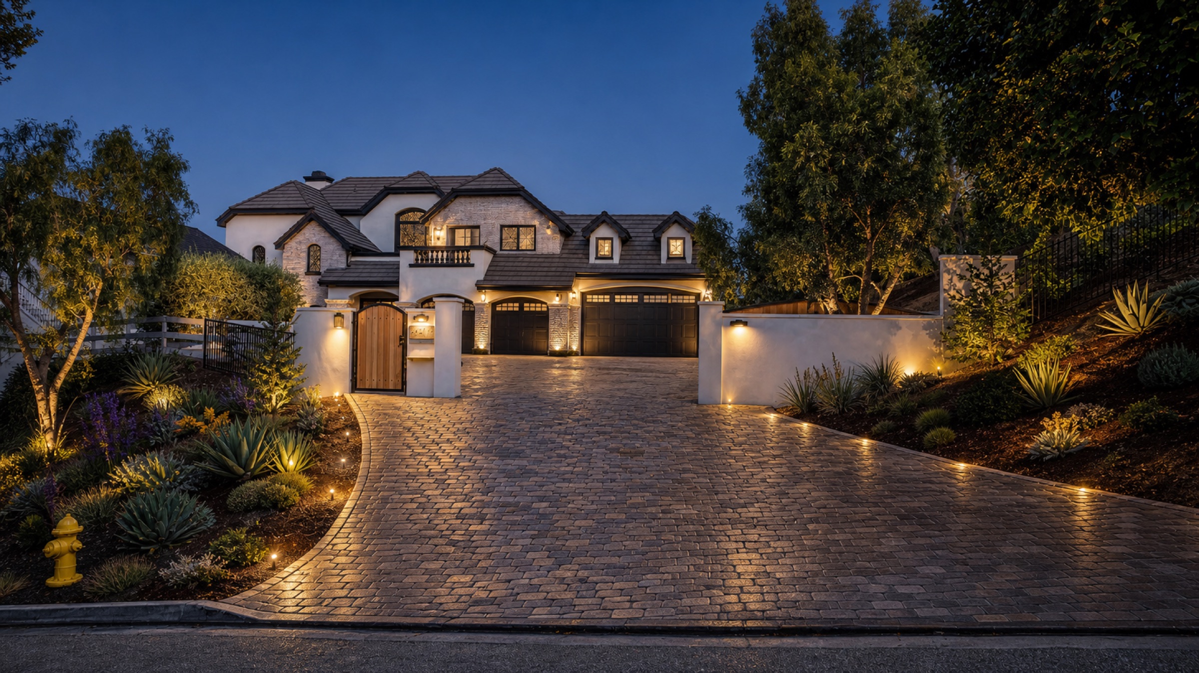 Nighttime paver driveway project in Orange County