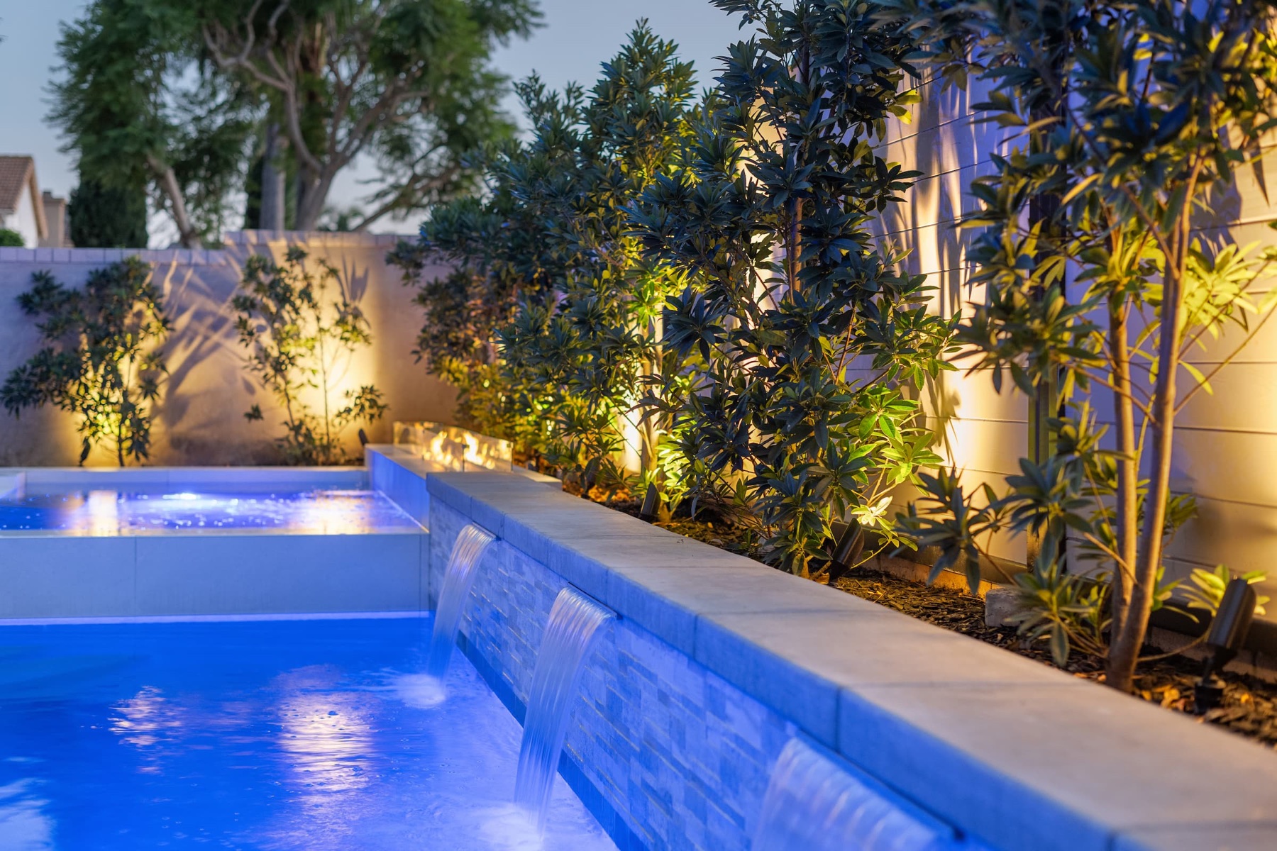 Pool coping, tile, plants, and lighting project